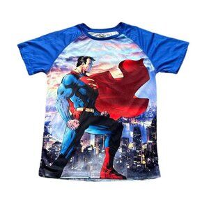 Superman Mens T Shirt Size L Blue All Over Print AOP Short Sleeve EUC